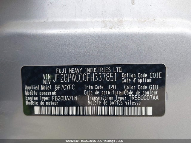 2014 Subaru Xv Crosstrek Sport Package მანქანა იყიდება აუქციონზე, vin: JF2GPACC0EH337851, აუქციონის ნომერი: 12702540