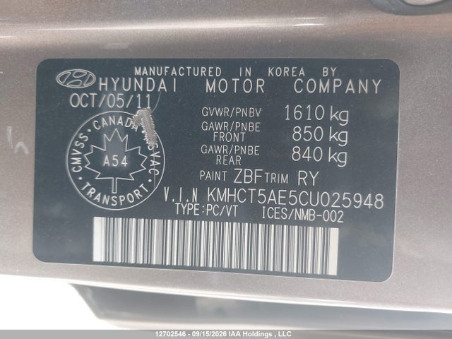 Aukcja sprzedaży 2012 Hyundai Accent Gl, vin: KMHCT5AE5CU025948, numer aukcji: 12702546