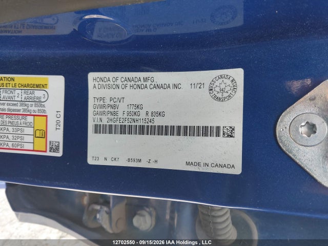 12702550 :رقم المزاد ، 2HGFE2F52NH115245 vin ، 2022 Honda Civic Sport مزاد بيع