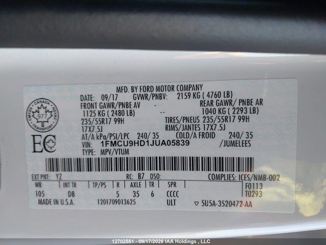 Aukcja sprzedaży 2018 Ford Escape Sel, vin: 1FMCU9HD1JUA05839, numer aukcji: 12702551