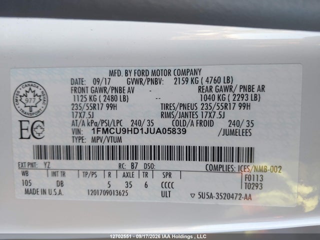 Aukcja sprzedaży 2018 Ford Escape Sel, vin: 1FMCU9HD1JUA05839, numer aukcji: 12702551