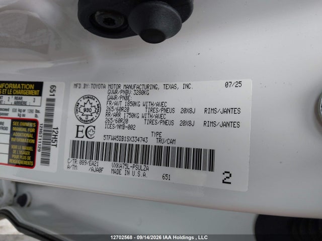 12702568 :رقم المزاد ، 5TFWA5DB1SX334743 vin ، 2025 Toyota Tundra Crewmax Limited/crewmax Platinum/crewmax 1794/crewmax Sr/crewmax Sr5 مزاد بيع