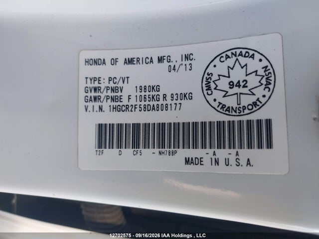 2013 Honda Accord მანქანა იყიდება აუქციონზე, vin: 1HGCR2F58DA808177, აუქციონის ნომერი: 12702575