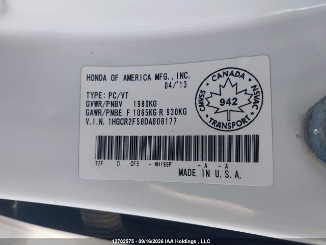 2013 Honda Accord მანქანა იყიდება აუქციონზე, vin: 1HGCR2F58DA808177, აუქციონის ნომერი: 12702575