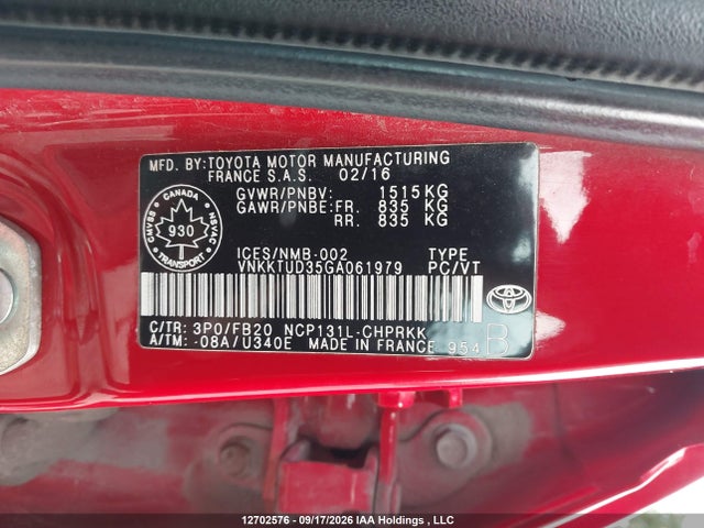 2016 Toyota Yaris Le მანქანა იყიდება აუქციონზე, vin: VNKKTUD35GA061979, აუქციონის ნომერი: 12702576