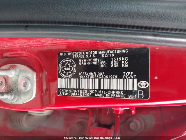 2016 Toyota Yaris Le მანქანა იყიდება აუქციონზე, vin: VNKKTUD35GA061979, აუქციონის ნომერი: 12702576