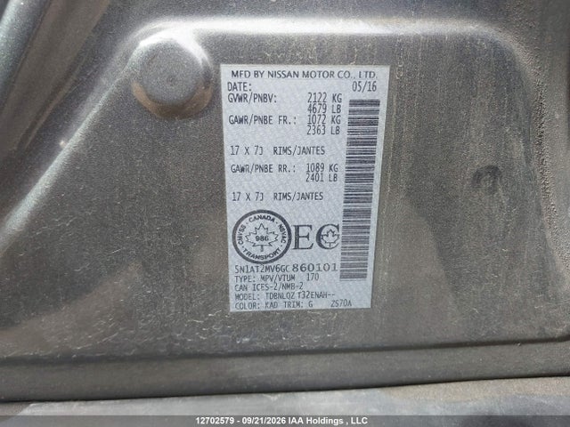Продаж на аукціоні авто 2016 Nissan Rogue S/sl Premium/sv, vin: 5N1AT2MV6GC860101, номер лоту: 12702579
