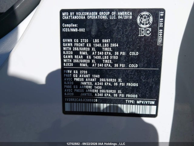 12702582 :رقم المزاد ، 1V2RR2CA0JC565926 vin ، 2018 Volkswagen Atlas مزاد بيع