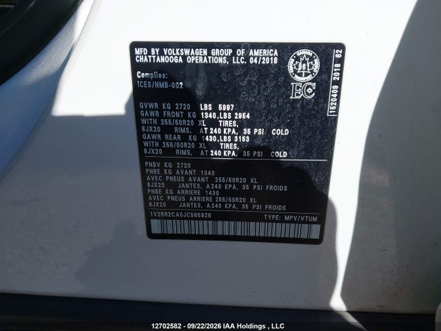 12702582 :رقم المزاد ، 1V2RR2CA0JC565926 vin ، 2018 Volkswagen Atlas مزاد بيع