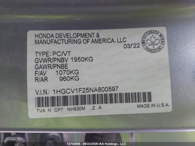 Honda Accord 2022 1HGCV1F25NA800597 Image 19