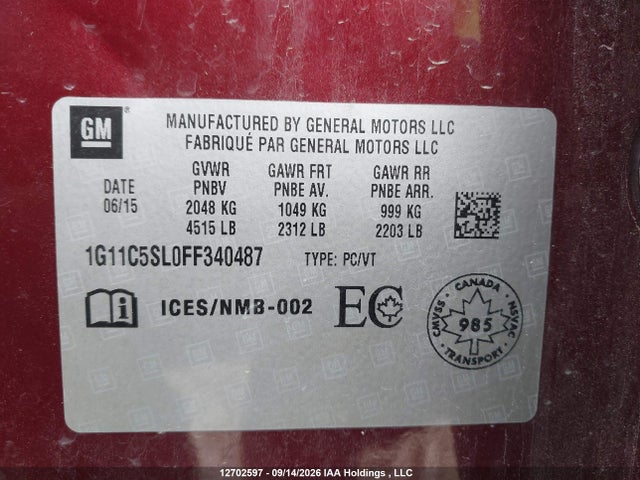 2015 Chevrolet Malibu 1lt მანქანა იყიდება აუქციონზე, vin: 1G11C5SL0FF340487, აუქციონის ნომერი: 12702597