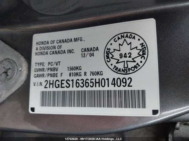 12702628 :رقم المزاد ، 2HGES16365H014092 vin ، 2005 Honda Civic مزاد بيع