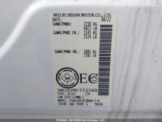 Продажа на аукционе авто 2023 Nissan Leaf Sv Plus, vin: 1N4CZ1CV9PC551560, номер лота: 12702640
