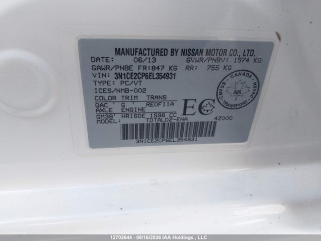 Продажа на аукционе авто 2014 Nissan Versa Note S/s Plus/sv/sl, vin: 3N1CE2CP6EL354931, номер лота: 12702644