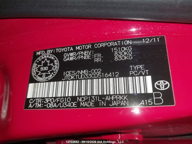 2012 Toyota Yaris მანქანა იყიდება აუქციონზე, vin: JTDKTUD33CD516412, აუქციონის ნომერი: 12702652
