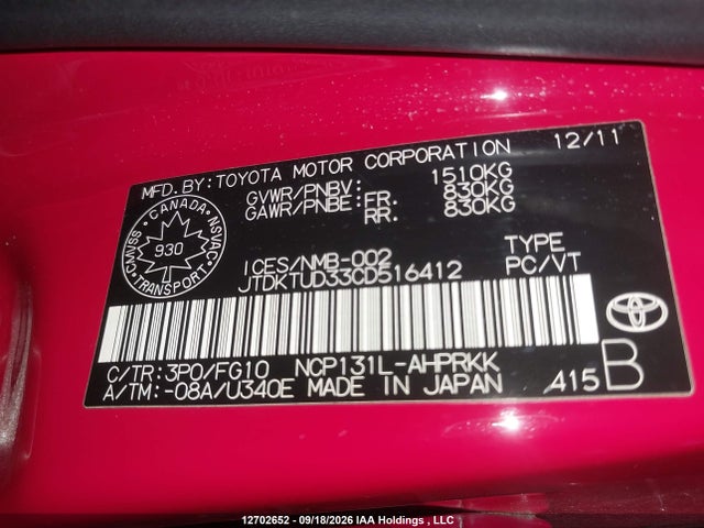 2012 Toyota Yaris მანქანა იყიდება აუქციონზე, vin: JTDKTUD33CD516412, აუქციონის ნომერი: 12702652