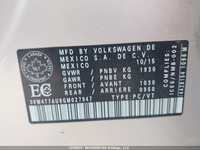 Aukcja sprzedaży 2016 Volkswagen Gti, vin: 3VW4T7AU9GM027947, numer aukcji: 12702675