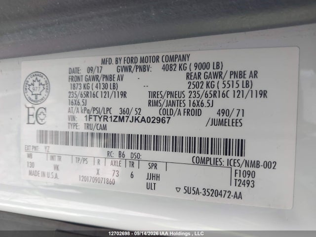 Ford Transit T-250 2018 1FTYR1ZM7JKA02967 Image 9