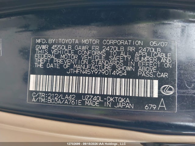 Aukcja sprzedaży 2007 Lexus Sc 430, vin: JTHFN45Y979014954, numer aukcji: 12702699