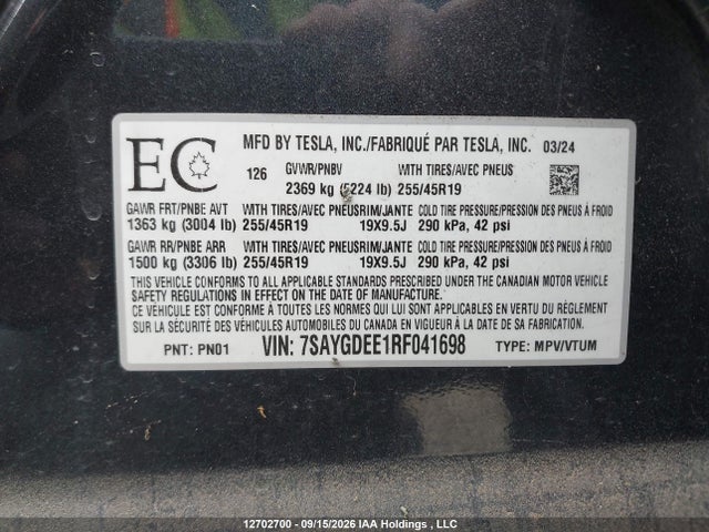 Aukcja sprzedaży 2024 Tesla Model Y Long Range, vin: 7SAYGDEE1RF041698, numer aukcji: 12702700