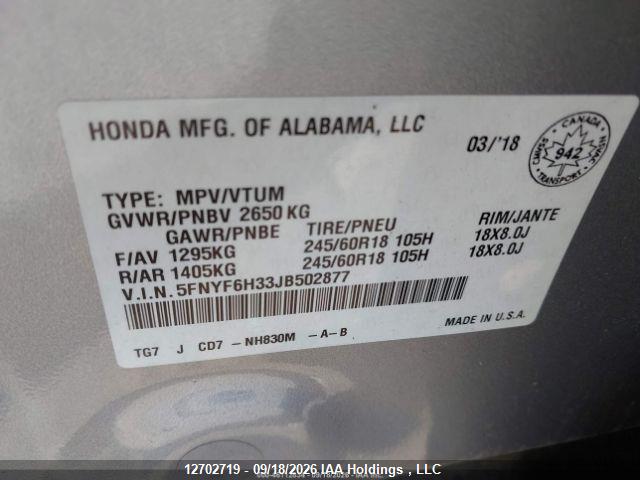 5FNYF6H33JB502877 Honda Pilot Ex