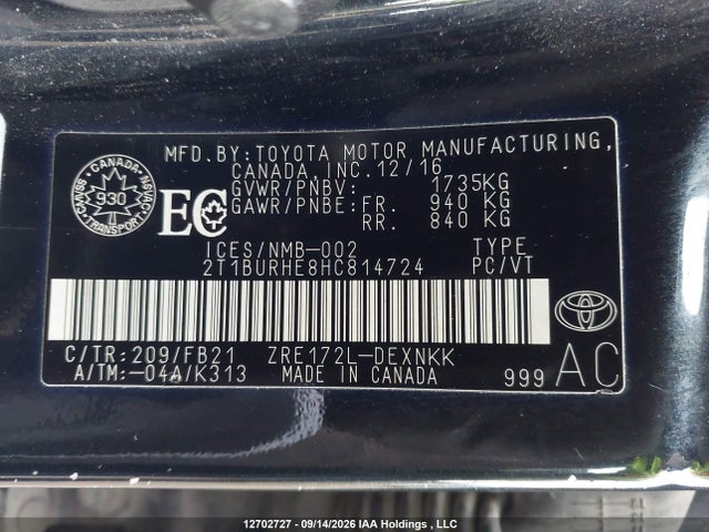 2017 Toyota Corolla მანქანა იყიდება აუქციონზე, vin: 2T1BURHE8HC814724, აუქციონის ნომერი: 12702727