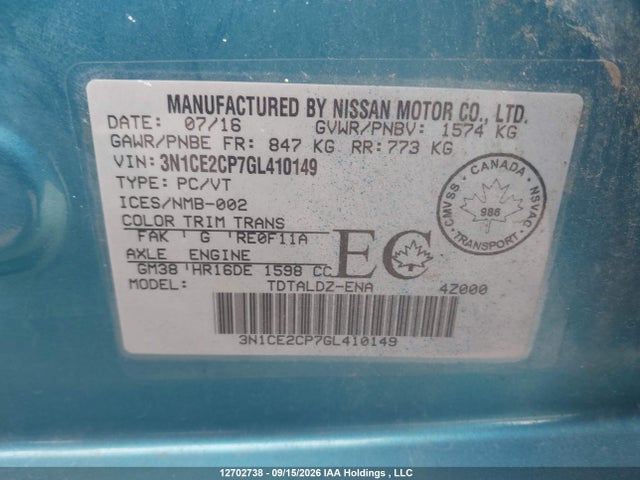 Nissan Versa Note S/s Plus/sv/sl/sr 2016 3N1CE2CP7GL410149 Image 9