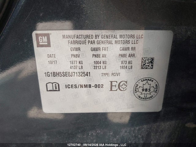Aukcja sprzedaży 2018 Chevrolet Cruze Lt, vin: 1G1BH5SE0J7132541, numer aukcji: 12702740