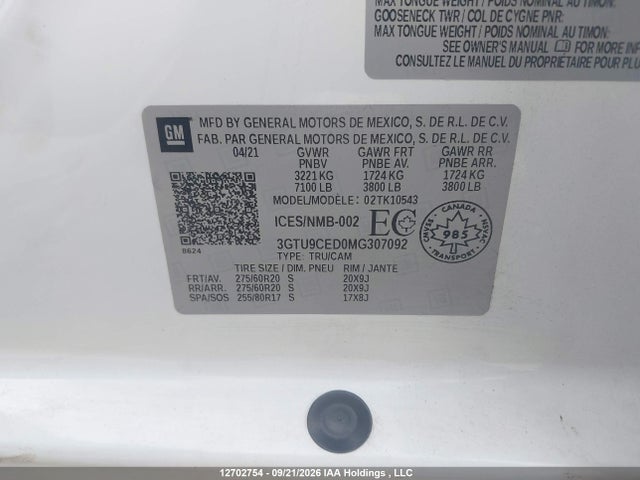 12702754 :رقم المزاد ، 3GTU9CED0MG307092 vin ، 2021 Gmc Sierra 1500 Elevation مزاد بيع