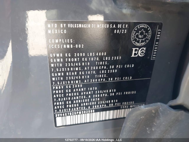 12702777 :رقم المزاد ، 3VV4X7B25PM382586 vin ، 2023 Volkswagen Taos Highline مزاد بيع