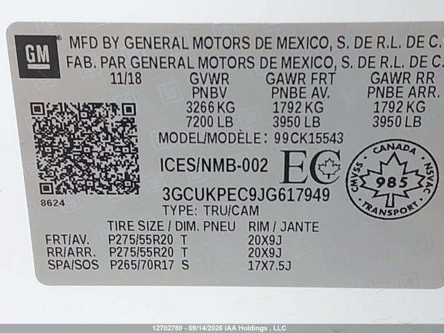 Продажа на аукционе авто 2018 Chevrolet Silverado K1500 Custom, vin: 3GCUKPEC9JG617949, номер лота: 12702780