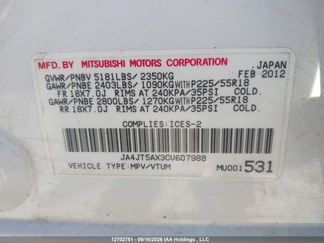 Продажа на аукционе авто 2012 Mitsubishi Outlander Gt, vin: JA4JT5AX3CU607988, номер лота: 12702781