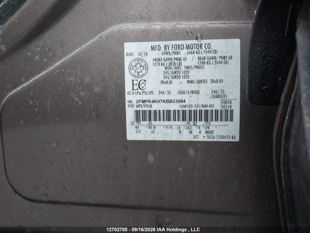 Продажа на аукционе авто 2019 Ford Edge Titanium, vin: 2FMPK4K97KBB23884, номер лота: 12702785