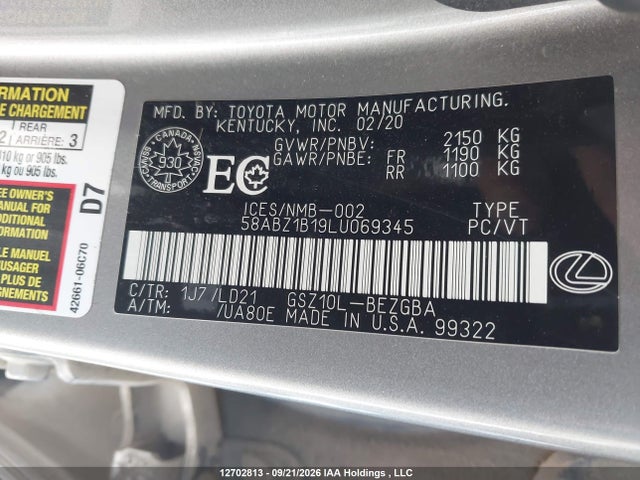Aukcja sprzedaży 2020 Lexus Es 350 Premium, vin: 58ABZ1B19LU069345, numer aukcji: 12702813