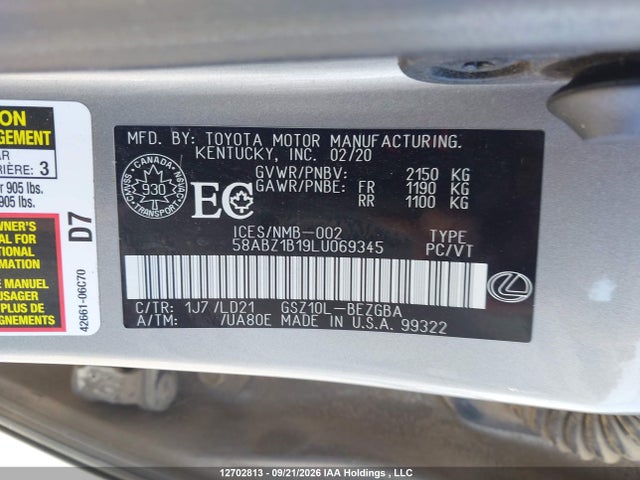 Aukcja sprzedaży 2020 Lexus Es 350 Premium, vin: 58ABZ1B19LU069345, numer aukcji: 12702813