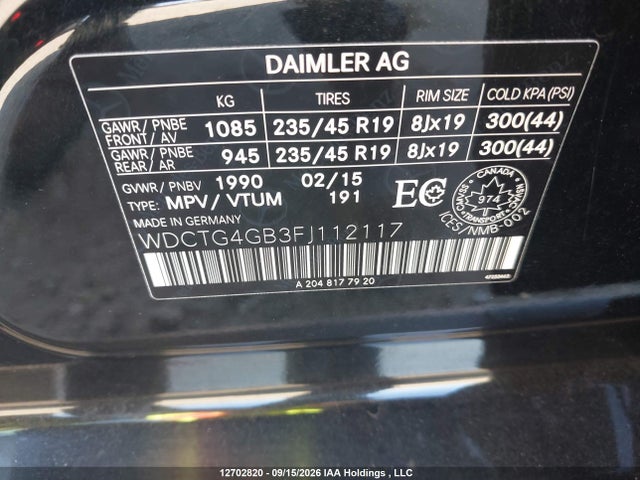 12702820 :رقم المزاد ، WDCTG4GB3FJ112117 vin ، 2015 Mercedes-benz Gla 250 4matic مزاد بيع