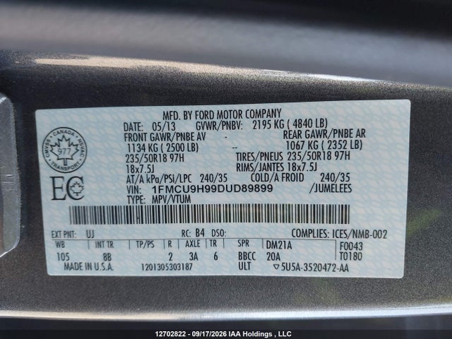 12702822 :رقم المزاد ، 1FMCU9H99DUD89899 vin ، 2013 Ford Escape Sel مزاد بيع