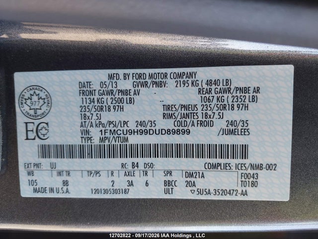 12702822 :رقم المزاد ، 1FMCU9H99DUD89899 vin ، 2013 Ford Escape Sel مزاد بيع