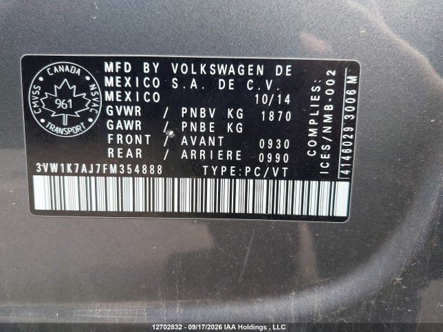 Aukcja sprzedaży 2015 Volkswagen Jetta S, vin: 3VW1K7AJ7FM354888, numer aukcji: 12702832