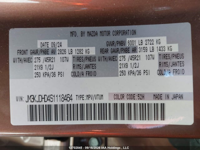12702845 :رقم المزاد ، JM3KJDHD4S1118464 vin ، 2025 Mazda Cx-70 Premium مزاد بيع