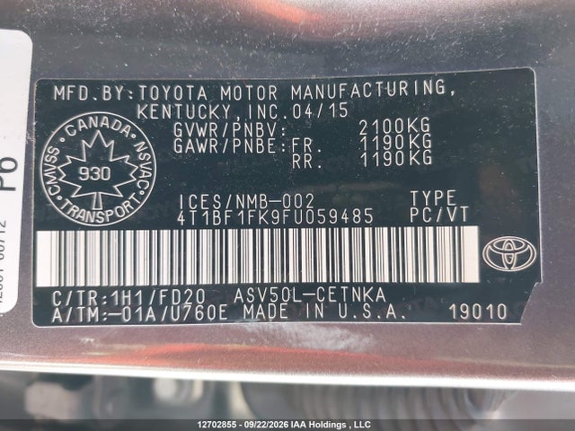Продаж на аукціоні авто 2015 Toyota Camry Le, vin: 4T1BF1FK9FU059485, номер лоту: 12702855