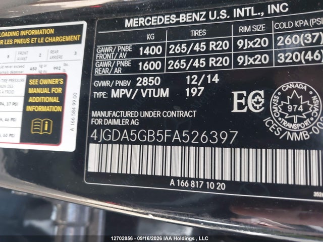 Продажа на аукционе авто 2015 Mercedes-benz Ml 400 4matic, vin: 4JGDA5GB5FA526397, номер лота: 12702856