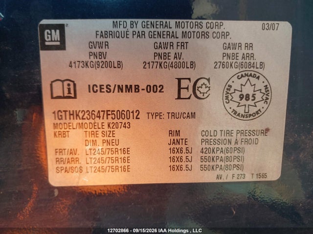 12702866 :رقم المزاد ، 1GTHK23647F506012 vin ، 2007 Gmc Sierra 2500hd All-new Sle/slt/wt مزاد بيع