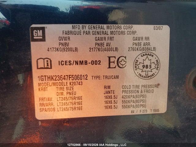 12702866 :رقم المزاد ، 1GTHK23647F506012 vin ، 2007 Gmc Sierra 2500hd All-new Sle/slt/wt مزاد بيع