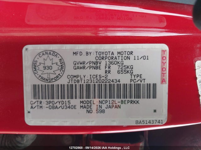 Продаж на аукціоні авто 2002 Toyota Echo, vin: JTDBT123120222434, номер лоту: 12702868