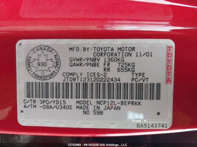 Продаж на аукціоні авто 2002 Toyota Echo, vin: JTDBT123120222434, номер лоту: 12702868