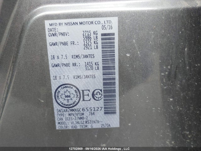 5N1AR2MMXGC655127 Nissan Pathfinder Platinum/s/sl/sv