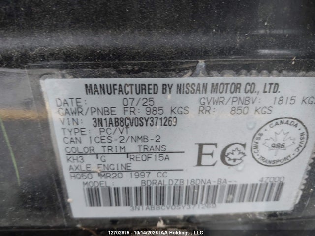 3N1AB8CV0SY371269 Nissan SENTRA SV