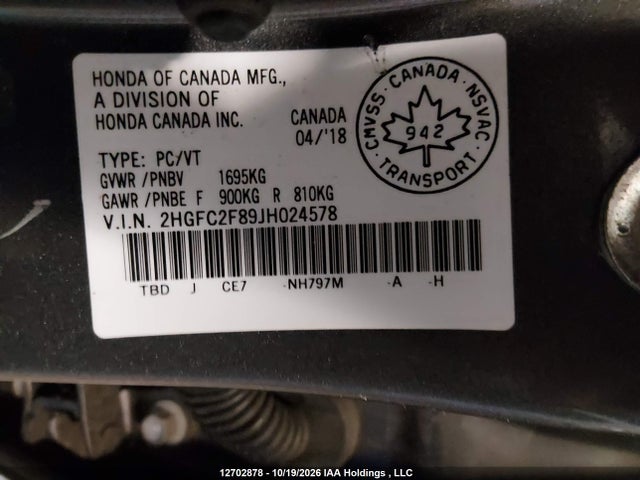 Honda CIVIC EX 2018 2HGFC2F89JH024578 Image 9