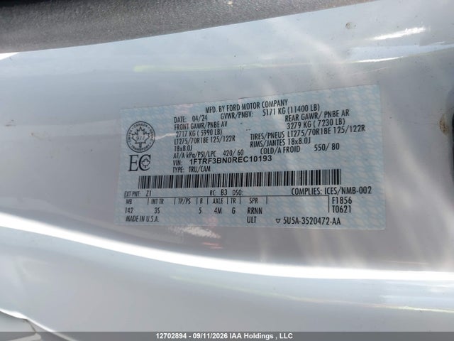 12702894 :رقم المزاد ، 1FTRF3BN0REC10193 vin ، 2024 Ford F350 Super Duty مزاد بيع